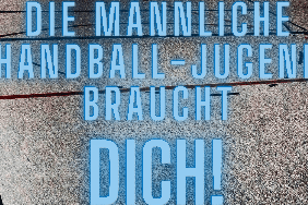 Plakat zur männlichen Handball-Jugend mit Informationen zu Training und Anmeldung in Blau- und Grautönen.