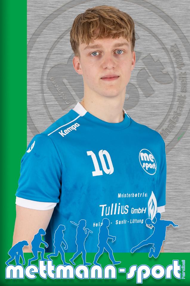 Porträt eines männlichen Handballspielers in einem blauen Trikot mit der Nummer 10, vor einem grauen Hintergrund.