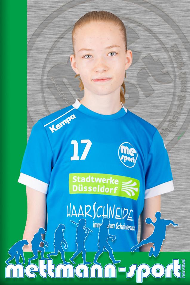 Porträt eines Mädchens in blauer Handballtrikot mit der Nummer 17 vor einem grünen Hintergrund und einem grafischen Logo.