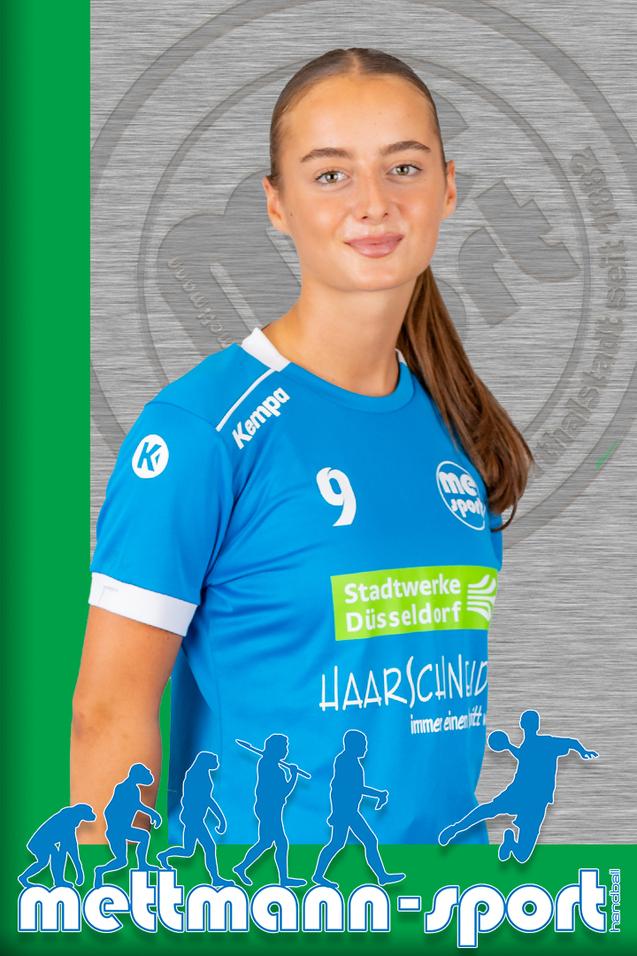 Porträt eines jungen Sportlers in blauer Handballtrikots, lächelnd vor grauer Hintergrundgrafik.