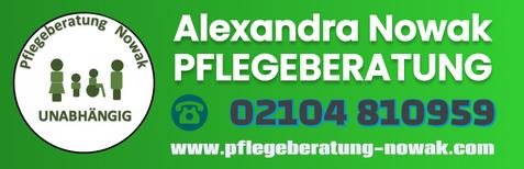 Logo der Pflegeberatung Nowak mit Kontaktdaten und dem Slogan &bdquo;Unabh&auml;ngig&ldquo; auf gr&uuml;nem Hintergrund.