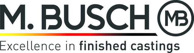 Logo der Firma M. BUSCH mit dem Slogan „Excellence in finished castings“ in schwarz, rot und gelb.