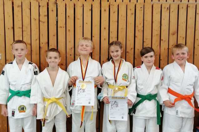 Sechs Kinder in Judoanzügen stehen vor einer Holzwand und halten Urkunden, einige mit Medaillen um den Hals.