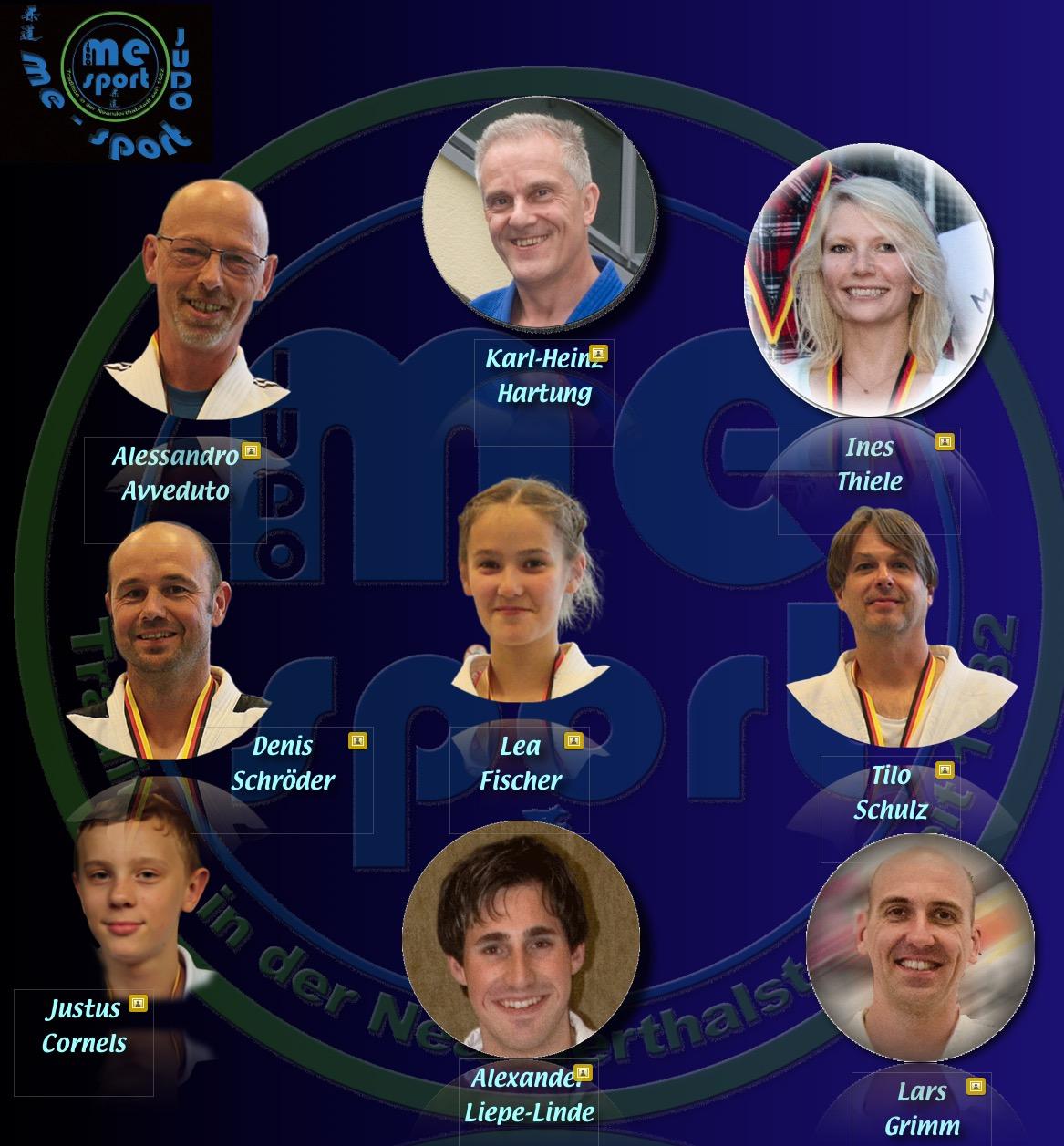 Collage von neun Personen, l&auml;chelnd, mit Medaillen oder im Sportoutfit, auf blauem Hintergrund angeordnet.