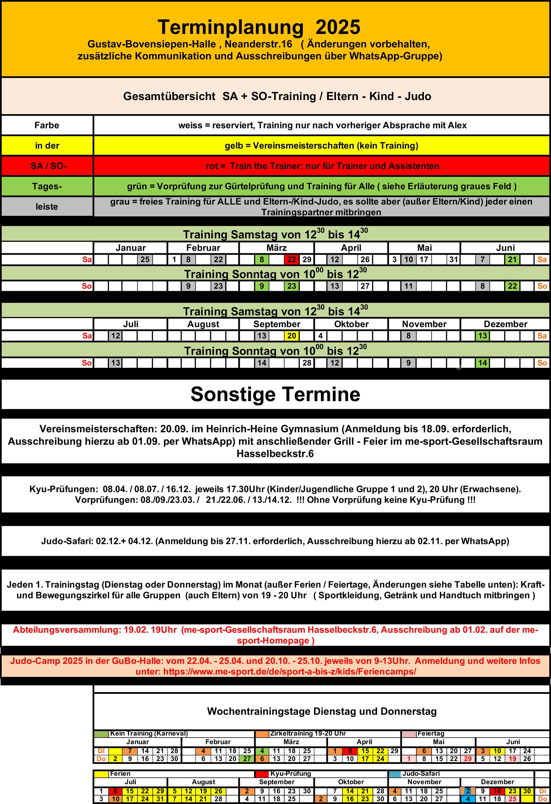 Terminübersicht für 2025 mit Trainingszeiten, Prüfungen und Veranstaltungen in der Gustav-Bovensiepen-Halle.
