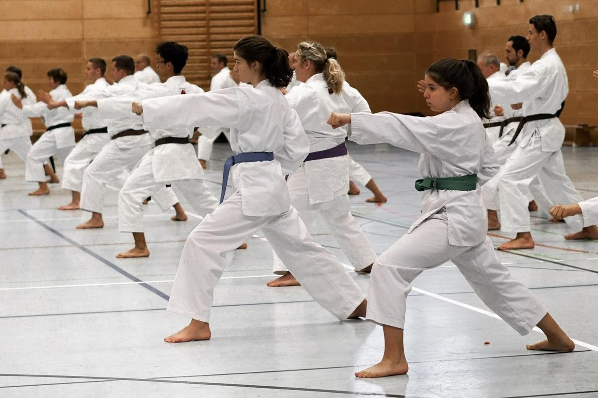 Gruppe von Karateka in wei&szlig;en Gi, die synchron Techniken in einer Sporthalle ausf&uuml;hren.