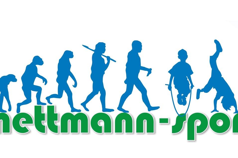 Silhouetten einer evolutionären Entwicklung, von einem Affen über Menschen bis zu aktiven Kindern, mit dem Text "mettmann-sport".
