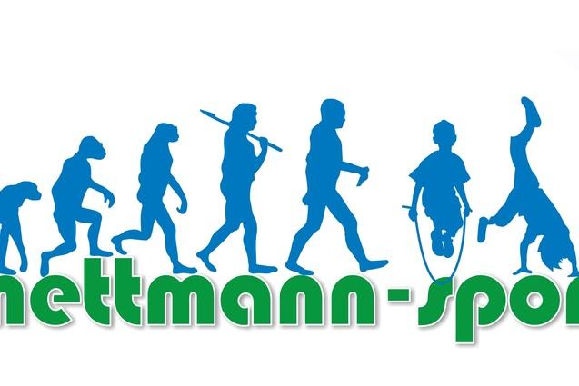 Silhouetten einer evolution&auml;ren Entwicklung, von einem Affen &uuml;ber Menschen bis zu aktiven Kindern, mit dem Text "mettmann-sport".