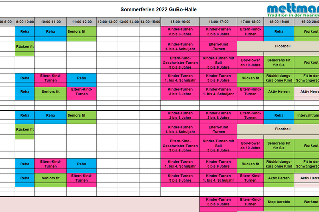 Kalender für die Sommerferien 2022 mit Zeitplänen für verschiedene Sportangebote in der GuBo-Halle.
