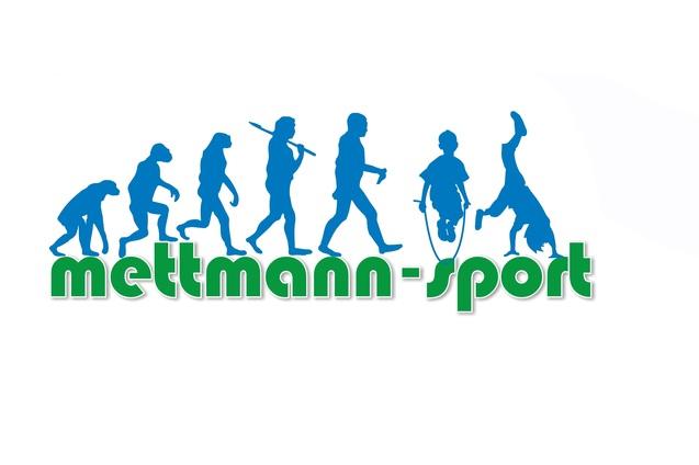 Silhouetten einer evolutionären Entwicklung, von einem Affen über Menschen bis zu aktiven Kindern, mit dem Text "mettmann-sport".