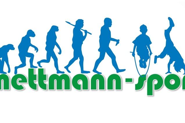 Silhouetten einer evolution&auml;ren Entwicklung, von einem Affen &uuml;ber Menschen bis zu aktiven Kindern, mit dem Text "mettmann-sport".