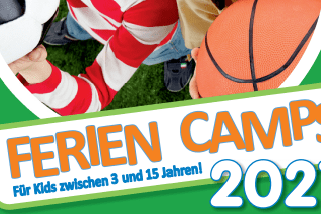 Zwei Kinder halten einen Fu&szlig;ball und einen Volleyball, l&auml;cheln in die Kamera. Oben steht &bdquo;Sport, Spa&szlig;, Abenteuer&ldquo;.