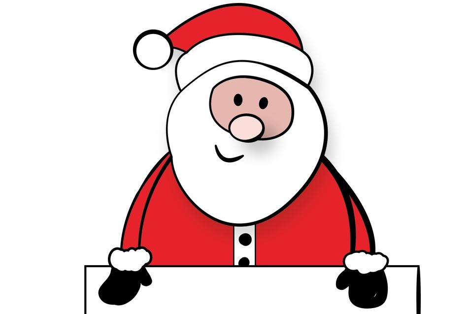 Cartoonhafte Darstellung eines lächelnden Weihnachtsmanns mit rotem Anzug und Mütze, der ein leeres Schild hält.
