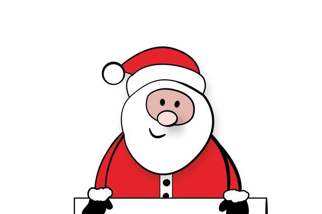 Cartoonhafte Darstellung eines lächelnden Weihnachtsmanns mit rotem Anzug und Mütze, der ein leeres Schild hält.