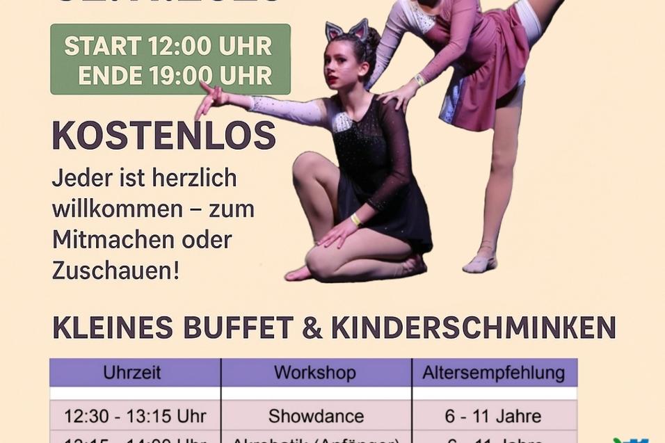 Zwei Tänzerinnen in Kostümen posieren auf einer Bühne, umgeben von Event-Details für den Dance Day 2025.