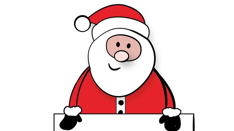 Cartoonhafte Darstellung eines lächelnden Weihnachtsmanns mit rotem Anzug und Mütze, der ein leeres Schild hält.