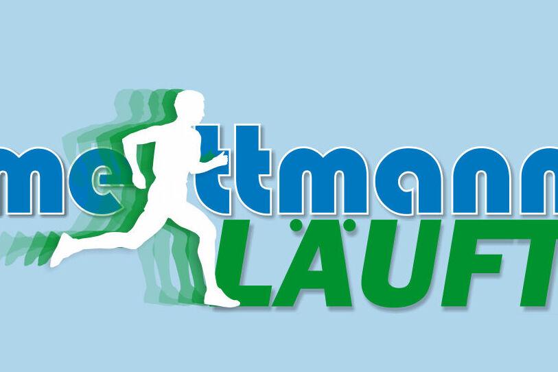 Logo mit der Aufschrift "mettmann L&Auml;UFT" und einer stilisierten Sihouette eines L&auml;ufers in Bewegung.