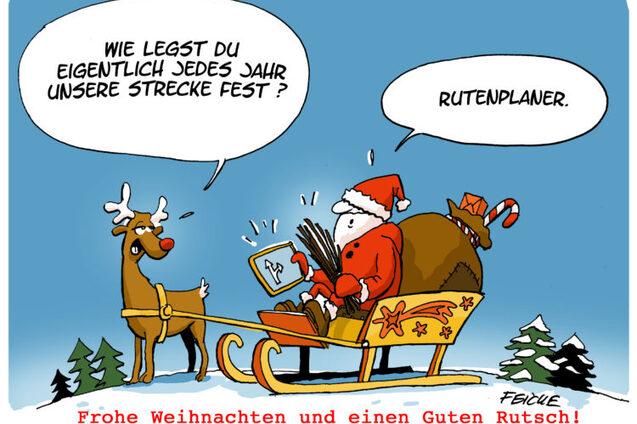 Weihnachtliche Karikatur mit Santa und einem Rentier im Schlitten, Santa zeigt auf einen Routenplaner. Schnee und Tannen im Hintergrund.