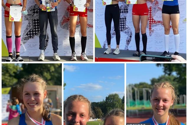 Siegerinnen der Deutschen Leichtathletikmeisterschaften stehen mit Urkunden und Medaillen auf dem Siegertreppchen.