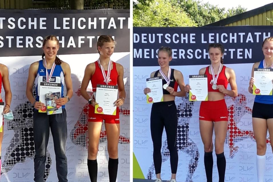 Siegerinnen der Deutschen Leichtathletikmeisterschaften stehen mit Urkunden und Medaillen auf dem Siegertreppchen.