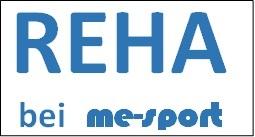 Logo mit blauen Buchstaben: "REHA bei me-sport" auf weißem Hintergrund.