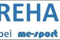 Logo mit blauen Buchstaben: "REHA bei me-sport" auf weißem Hintergrund.