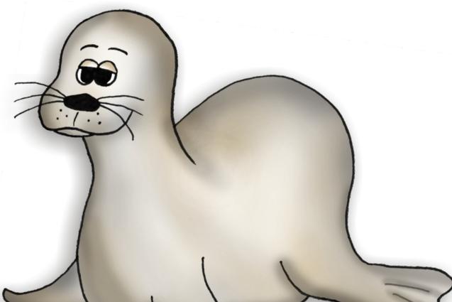 Cartoonartige Seehund mit einem runden K&ouml;rper und einem freundlichen Gesicht, auf einem wei&szlig;en Hintergrund sitzend.