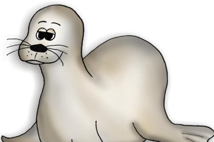 Cartoonartige Seehund mit einem runden K&ouml;rper und einem freundlichen Gesicht, auf einem wei&szlig;en Hintergrund sitzend.