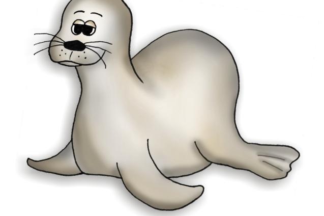 Cartoonartige Seehund mit einem runden Körper und einem freundlichen Gesicht, auf einem weißen Hintergrund sitzend.