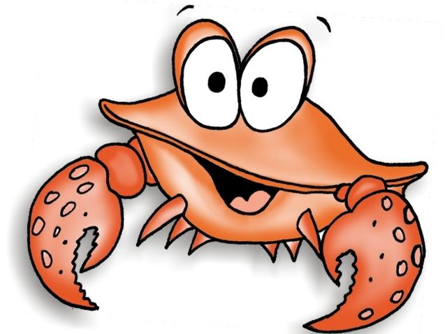 Lächelnder, cartoonhaft dargestellter Krebs mit großen Augen und zwei Scheren auf weißem Hintergrund.