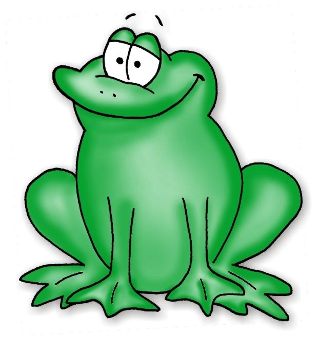 Lächelnder, cartoonartiger grüner Frosch sitzt mit erhobenen Beinen auf einem weißen Hintergrund.