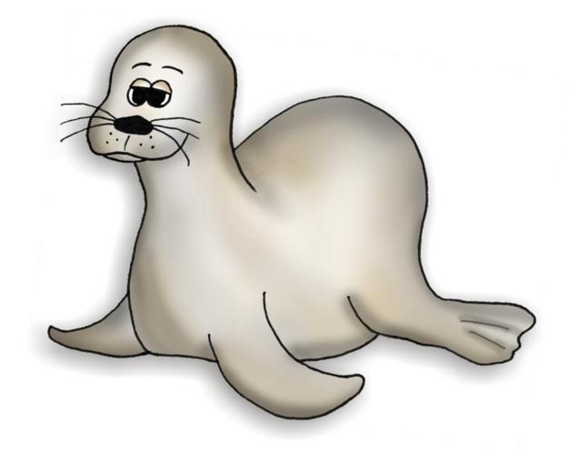 Cartoonartige Seehund mit einem runden Körper und einem freundlichen Gesicht, auf einem weißen Hintergrund sitzend.