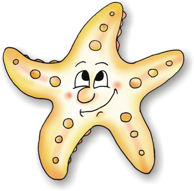 Lächelnder, cartoonartiger Seestern mit gelber Färbung und braunen Punkten auf weißem Hintergrund.