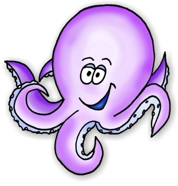 Lachender lila Oktopus mit großen Augen, der fröhlich seine Tentakel ausbreitet.