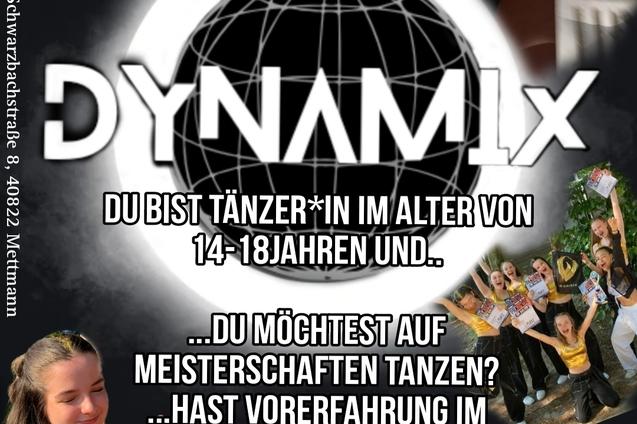 Castingschriftzug für Tänzer*innen im Alter von 14-18 Jahren mit Tänzern, Pokalen und Informationen auf schwarzem Hintergrund.