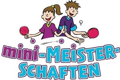 Bunte Illustration von zwei Kindern, die Tischtennis spielen, mit dem Schriftzug &bdquo;mini-Meisterschaften&ldquo; darunter.