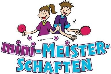 Bunte Illustration von zwei Kindern, die Tischtennis spielen, mit dem Schriftzug „mini-Meisterschaften“ darunter.