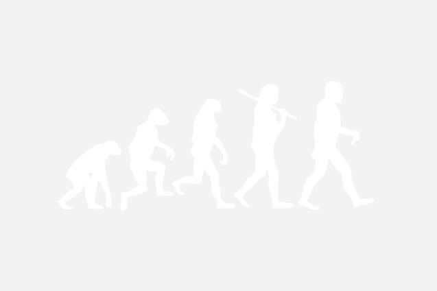 Silhouetten der menschlichen Evolution, von einem knienden Vorfahren bis zum aufrechten modernen Menschen.