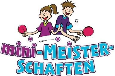 Bunte Illustration von zwei Kindern, die Tischtennis spielen, mit dem Schriftzug „mini-Meisterschaften“ darunter.