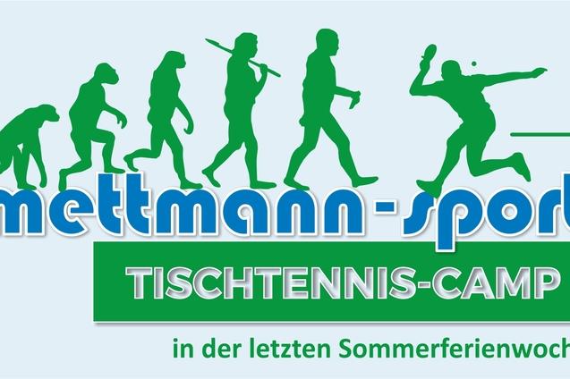 Grafik mit Silhouetten von Menschen in verschiedenen Evolutionseinheiten, darunter ein Tischtennisspieler, mit Text über ein Tischtennis-Camp.