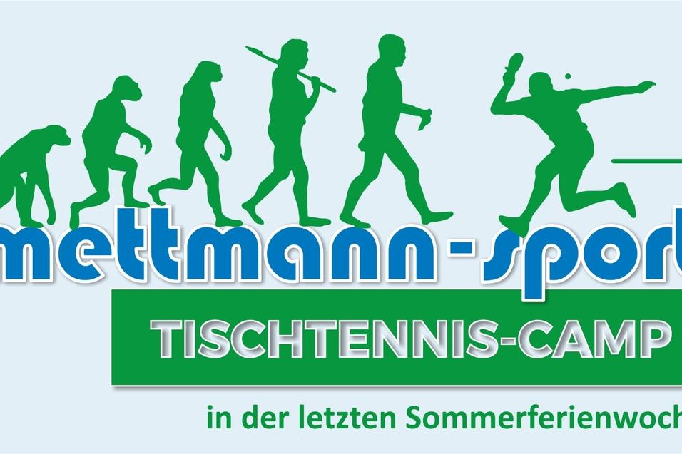 Grafik mit Silhouetten von Menschen in verschiedenen Evolutionseinheiten, darunter ein Tischtennisspieler, mit Text über ein Tischtennis-Camp.
