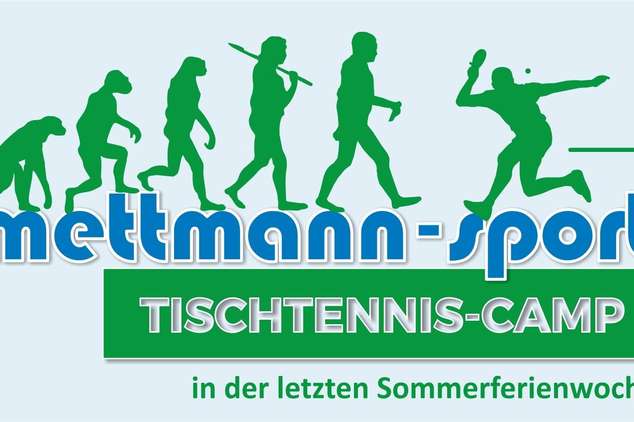 Grafik mit Silhouetten von Menschen in verschiedenen Evolutionseinheiten, darunter ein Tischtennisspieler, mit Text über ein Tischtennis-Camp.