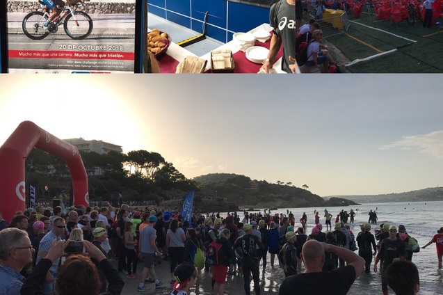 Collage mit Teilen des Triathlon-Events: Teilnehmer am Strand, Informationsstand und Wettkampfbrücke.