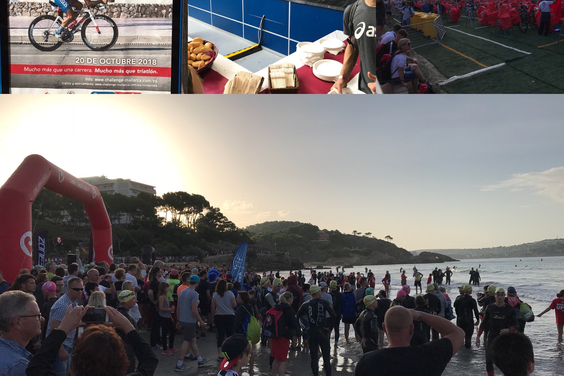 Collage mit Teilen des Triathlon-Events: Teilnehmer am Strand, Informationsstand und Wettkampfbrücke.