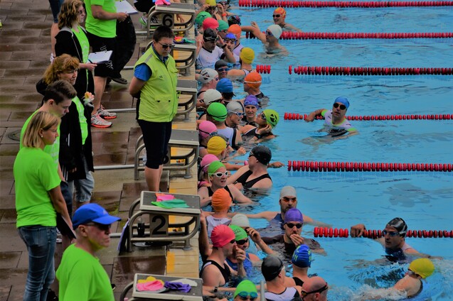 Gruppenszene am Schwimmbecken mit Teilnehmern und Betreuern in Neonkleidung, Wartende vor Startblöcken.