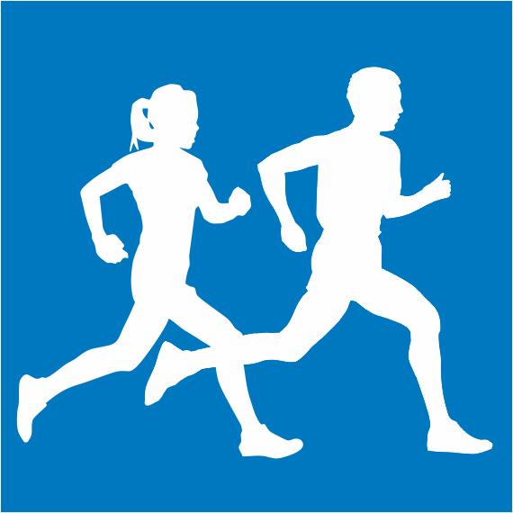 Blauer Hintergrund mit 2 weißen Läufer. Einen männlichen und eine weibliche.