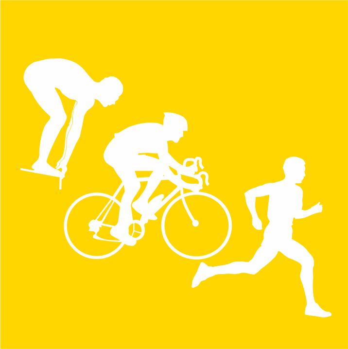Gelber Hintergrund mit drei weißen Piktrogrammen. Schwimmen Rad fahren und Laufen.