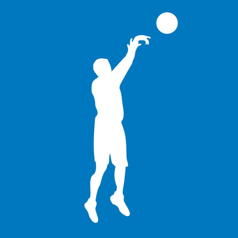 Blauer Hintergrund mit einer weißen Silhouette. Eine männliche Person die einen Ball in den Basketballkorb wirft.