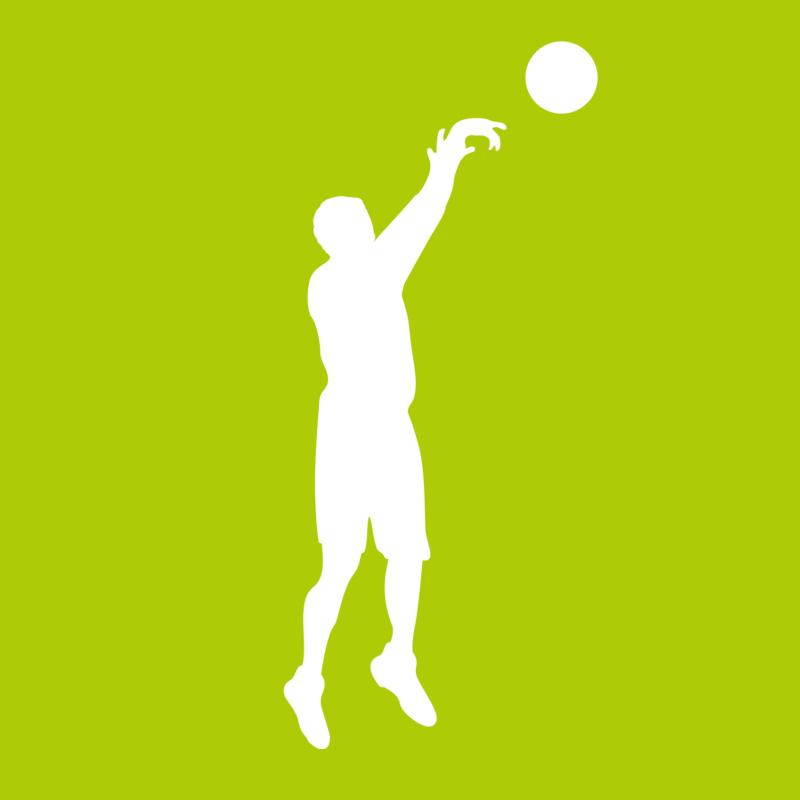 Hellgrüner Hintergrund mit einer weißen Silhouette. Eine männliche Person die einen Ball in den Basketballkorb wirft.