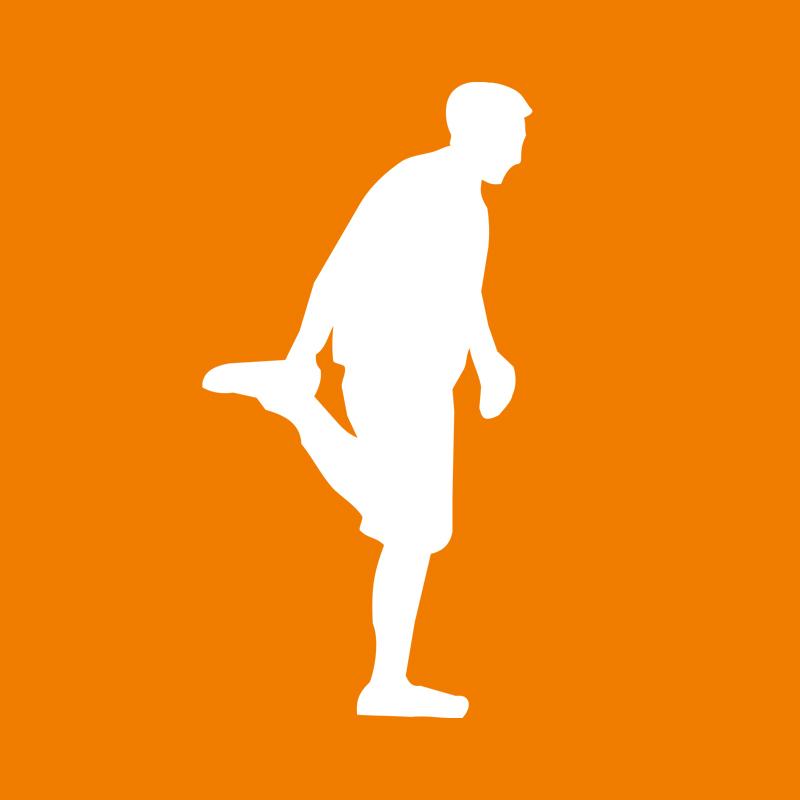 Oranger Hintergrund mit einer weißen Silhouette die sich Ihr Bein dehnt und dabei auf einem Bein steht.